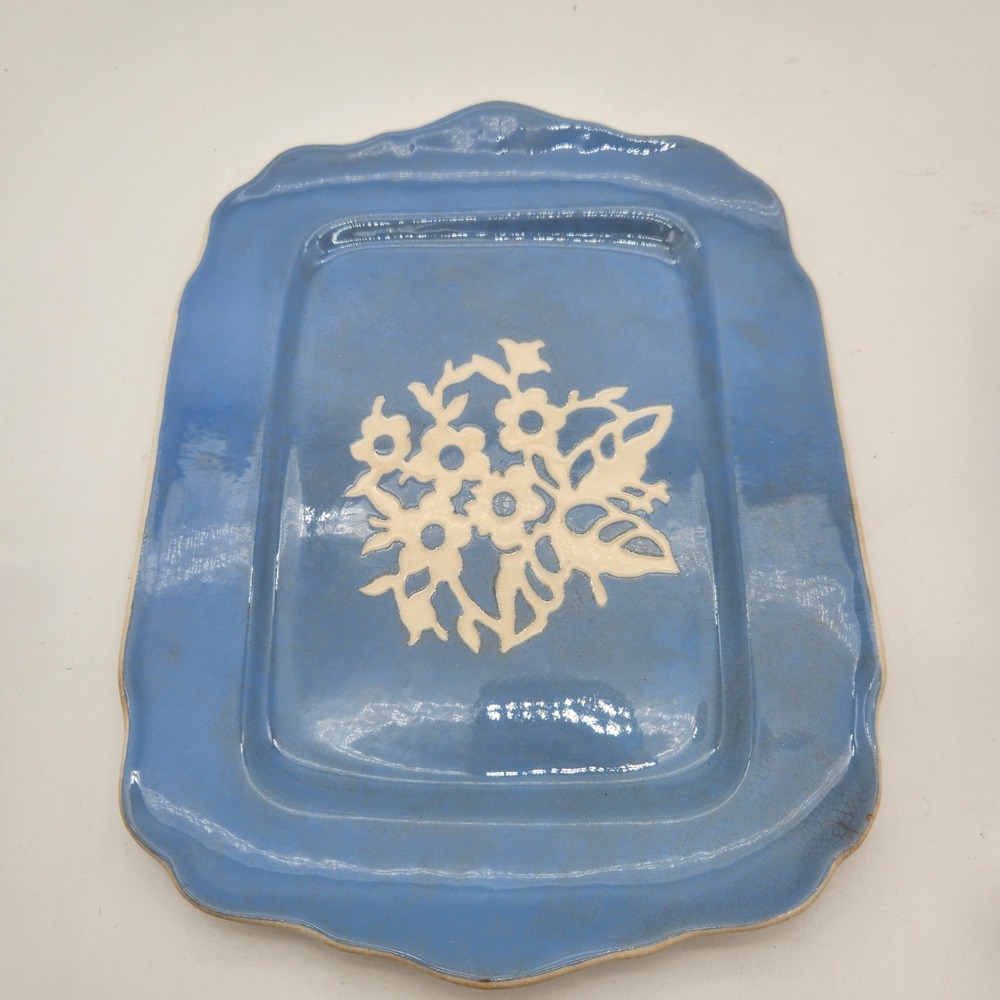 Vintage Harker Cameo Ware Blue Dainty Flower Scalloped Rectangular Platter Tray